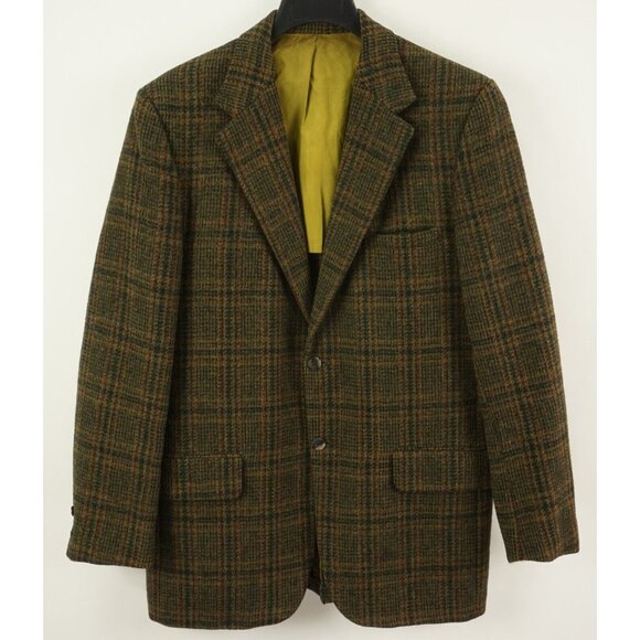 Vintage 1950s Penneys x Harris Tweed 42R Green Orange Shadow Plaid Sport Coat